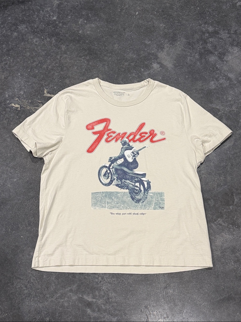 Fender Cream Short-Sleeve Tee with Red Script and Blue Graphic